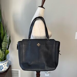 Tory Burch Ivy Side-Zip Tote in black pebbled leather with gold-tone hardware.